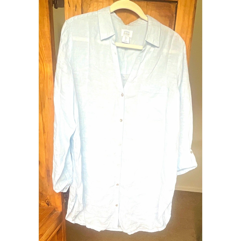 Sigrid Olsen Women's Linen Button-Up Shirt Lightweight Light Blue Long Sleeve L